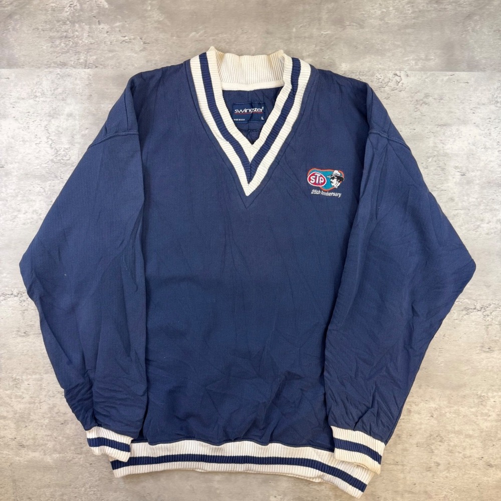 Vintage Swingster‎ STP V-Neck Sweatshirt Navy Blue Mens Large USA